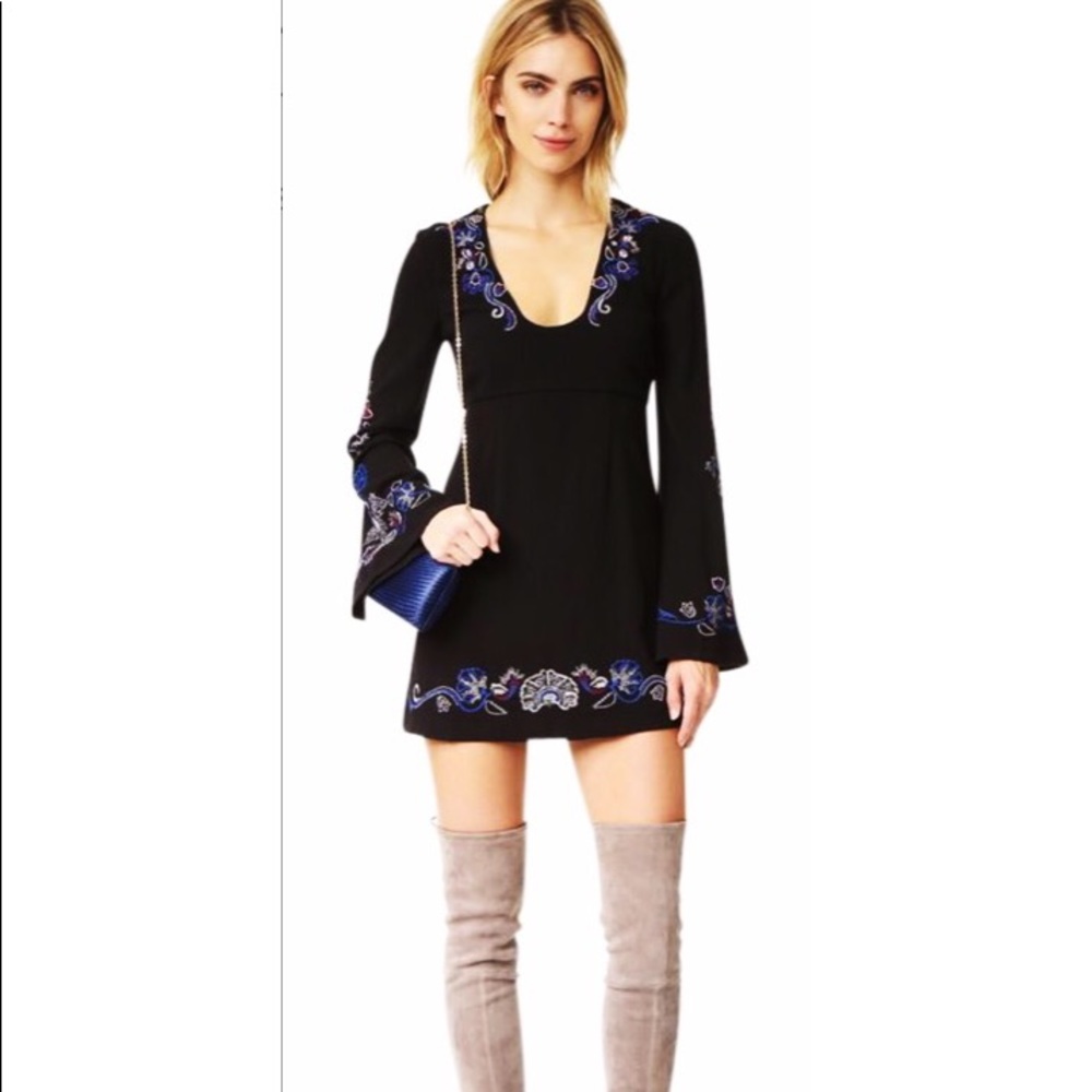 Free People black folk embroider mini dress